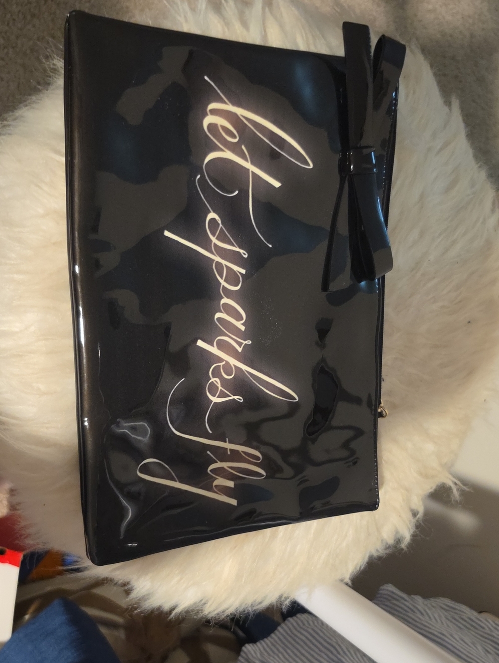 kate spade black patent cosmetic pouch with bow and gold script